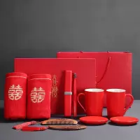 结婚情侣洗漱牙杯大红色礼盒套装陶瓷漱口杯牙刷杯刷牙缸卫浴定制 三维工匠 C款红色情侣杯(礼盒大套装)洗漱杯