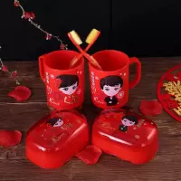 结婚洗漱用品套装女方陪嫁牙刷洗漱杯香皂盒红侣漱口杯对杯 三维工匠 红色相公娘子牙杯牙刷香皂盒