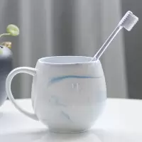 漱口杯情侣套装创意陶瓷家用洗漱杯牙缸刷牙杯子简约牙刷杯一对 三维工匠 大理石纹-蓝粉+瓷托盘