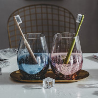 ins风套装家用透明日式漱口杯托盘玻璃杯牙刷杯网红款家用洗漱杯 三维工匠 星空蛋杯蓝+粉+金色托盘