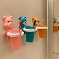 儿童牙杯宝宝洗漱杯卡通可爱男女小孩牙杯架无痕吸盘式水勺刷牙杯 三维工匠 小狐狸+小熊[送牙刷]