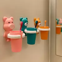 儿童牙杯宝宝洗漱杯卡通可爱男女小孩牙杯架无痕吸盘式水勺刷牙杯 三维工匠 小熊+小猪[送牙刷]