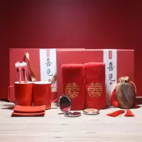 结婚侣洗漱牙杯陶瓷 漱口杯牙刷杯刷牙缸卫浴 大红色礼盒套装嫁妆 三维工匠 [爱心杯]囍见礼盒套装[小圆镜]洗漱杯