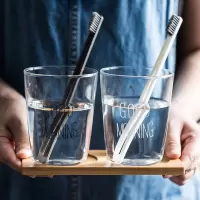 ins网红玻璃漱口杯套装洗漱杯情侣刷牙杯牙缸水杯杯子创意透明杯 三维工匠 黑白早上好+杯托