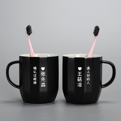 欧式简约陶瓷洗漱杯创意多边形黑白漱口杯一对情侣牙刷杯套装 三维工匠 蓝色粉色牙刷一对