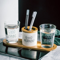漱口杯玻璃北欧ins家用简约洗涑刷牙杯子情侣一对牙缸套装个性 三维工匠 3件套:带把黑白gm玻璃杯+竹托洗漱杯