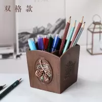 笔筒复古中国风创意时尚化妆刷筒收纳盒仿实木纹学生桌面笔筒美式 三维工匠 松果笔筒木纹色