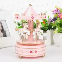 旋转音乐盒八音盒礼品女生女神女朋友摆件圣诞节旋转木马 三维工匠 白粉款