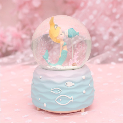 美人鱼公主水晶球雪花旋转音乐盒八音盒送女孩儿童生日教师节 三维工匠 美人鱼-蓝-自飘雪-音乐-彩灯大号