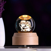 创意生日送闺蜜女生女朋友女神节礼品木底座水晶球机械音乐盒 三维工匠 四叶草+旋转音乐盒