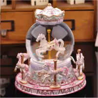 旋转木马水晶球自动飘雪音乐盒八音盒女生儿童女孩生日情人节 三维工匠 浪漫粉自飘雪花+音乐:生日快乐