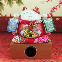 红摆件开业店铺收银台蓝牙语音播报器二维码音箱创意礼品 三维工匠 大号千客万来+二维码牌+木底座猫