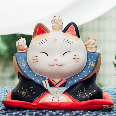 日本猫摆件七福神发财猫陶瓷日式开业生日结婚车载 三维工匠 中号*17cm