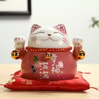 猫摆件开业送礼陶瓷储蓄罐 店铺居家装饰办公创意礼品存钱罐 三维工匠 达摩-红色必胜猫