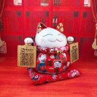 摆件 开业店铺收银台 红色发财猫存钱罐 二维码摆台 木吊牌 三维工匠 10寸大号生意兴隆+二维码木牌猫