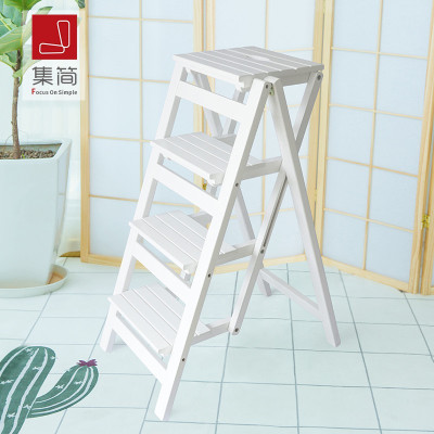 加高免安装家用加厚多功能折叠梯子实木四步登高人字梯置物架 三维工匠 浅胡桃色-四层折叠梯(免安装)