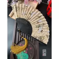 日式复古风夏季和风跳舞蹈折叠古典仙鹤海浪男女布面烫金折扇子竹 三维工匠 酒红仙鹤