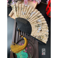 日式复古风夏季和风跳舞蹈折叠古典仙鹤海浪男女布面烫金折扇子竹 三维工匠 猫