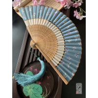 中国风双节扇折叠布面复古风旗袍汉服小折扇子随身便携夏季女舞蹈 三维工匠 梨花+大珠蓝白