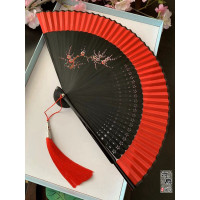 大红色女式手绘扇子小折扇中国风古风古典日式便携折叠可跳舞蹈扇 三维工匠 窗式红梅