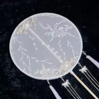 长柄团扇宫扇烫金流苏挂饰古风汉服长流苏宫廷团扇 三维工匠 白柳8号单凤羽(双流苏A款)扇子