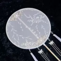 长柄团扇宫扇烫金流苏挂饰古风汉服长流苏宫廷团扇 三维工匠 白柳5号珍珠面珍珠凤冠双流苏A扇子