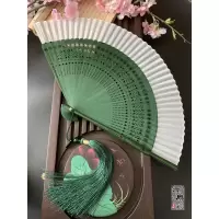 中国风复古风日式折叠扇女式竹柄刻折扇子绿色纯色小竹汉服 三维工匠 绿色配大珠流苏绿
