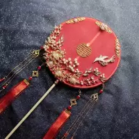 三维工匠雪亭坊 爱之蔓 古风长柄中式团扇新娘结婚礼出嫁手捧喜扇手工婚扇 三维 成品双面2升级款 扇柄缠红丝带总长50扇子
