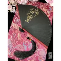 古风金色喷绘中国风梅花黑色全竹工艺扇礼品扇小日式女夏季折扇子 三维工匠 麦穗+大珠黑配金