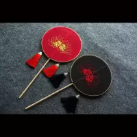 中式喜扇出嫁婚礼手捧花团扇长柄双面新娘龙凤褂红色秀禾服马来服 三维工匠 缠手柄请备注扇子