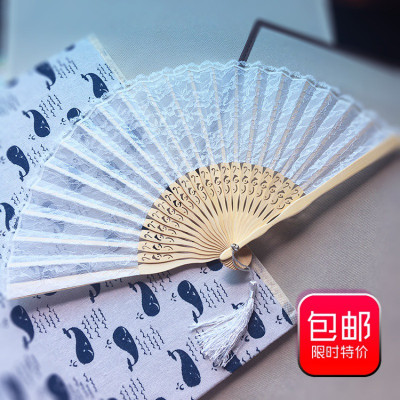 蕾丝扇子日式折扇折叠花边贝壳扇女式扇子折扇竹质工艺扇 三维工匠 蕾丝折扇(白骨白色)