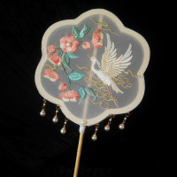 团扇古风长柄流苏中国风汉服扇子仙气刺绣圆扇舞蹈拍摄古典宫扇女 三维工匠 海棠与鹤