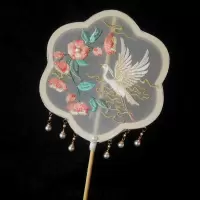 团扇古风长柄流苏中国风汉服扇子仙气刺绣圆扇舞蹈拍摄古典宫扇女 三维工匠 海棠与鹤