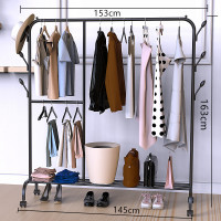 落地晾衣架折叠卧室凉晒挂衣服架子家用室内单杆被子收纳整理晾衣杆 三维工匠 中号衣帽架款粉色+轮子 1个