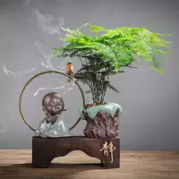 新中式禅意家居绿植装饰品小摆件客厅玄关办公室桌面陶瓷盆栽摆设 三维工匠 画(送30颗香+绿植+鹅卵石)