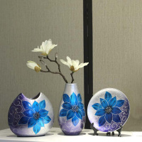 欧式手绘陶瓷插花瓶摆件客厅三件套家居装饰品花瓶卧室电视柜饰品 三维工匠 手绘三件套不含花