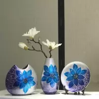欧式手绘陶瓷插花瓶摆件客厅三件套家居装饰品花瓶卧室电视柜饰品 三维工匠 手绘三件套含花