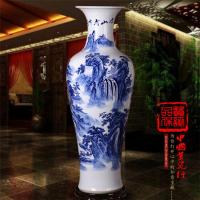 景德镇陶瓷器大花瓶手绘青花山水新房酒店客厅落地装饰品摆件 三维工匠 云山秀峰图花瓶1.6米