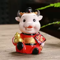 可爱牛陶瓷桌面摆件中式茶盘小摆设个性创意车载车饰汽车装饰 三维工匠 福禄+小牛+聚宝盆