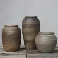 日式复古文艺粗陶手工景德镇陶瓷花瓶干支陶罐三件套摆件装饰品盆 三维工匠 高款