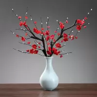 新中式禅意花瓶陶瓷客厅家居电视柜梅花干花插花酒店会所装饰摆件 三维工匠 青色花瓶+红梅花2支