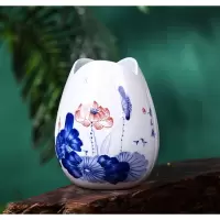景德镇陶瓷器手绘青花瓷小花瓶水养富贵竹插花创意工艺品装饰摆件 三维工匠 荷花