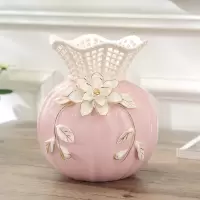 现代欧式艺术陶瓷小花瓶餐桌客厅装饰品玄关摆件创意插花干花瓷器 三维工匠 直纹款[粉色]+花