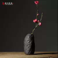 日式粗陶花瓶复古手工拙朴花插陶瓷茶具摆件禅意居家装饰陶艺花器 三维工匠 雅器粗陶黑[款五]