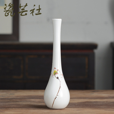 景德镇陶瓷花瓶小瓷瓶摆件创意饰品手绘荷花白瓷瓶观音玉净瓶简约 三维工匠 白荷花美人瓶 中等