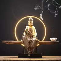 新中式禅意摆件玄关客厅观音佛像陶瓷复古创意倒流香装饰品工艺品 三维工匠 持莲观音-彩砂陶(配灯圈底座)