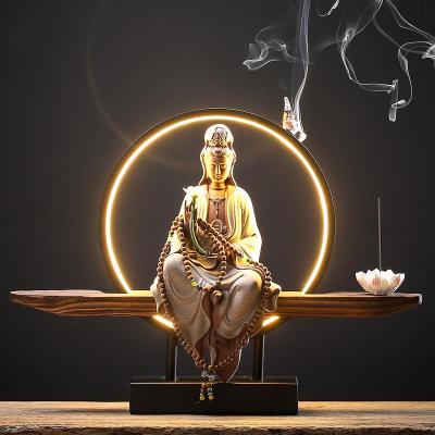 新中式禅意摆件玄关客厅观音佛像陶瓷复古创意倒流香装饰品工艺品 三维工匠 持莲观音-彩砂陶(配灯圈底座)