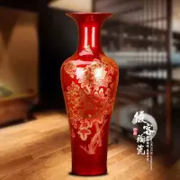 陶瓷花瓶水晶釉花开富贵牡丹花落地大花瓶家居客厅摆件 三维工匠 中国红1米一根