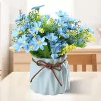 迷你陶瓷插花瓶仿真花艺套装简约现代家居家装饰品客厅酒柜小摆件 三维工匠 纹(蓝色+2束蓝色跳栏)