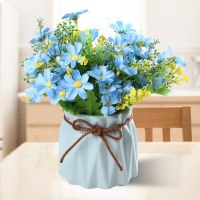 迷你陶瓷插花瓶仿真花艺套装简约现代家居家装饰品客厅酒柜小摆件 三维工匠 纹(蓝色+2束黄色跳栏)